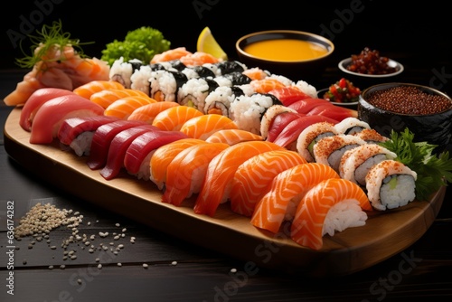 Beautifully Arranged Sushi Platter with an Assortment of Nigiri and Maki Rolls, Generative AI