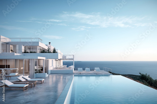White hotel resort in minimal and modern Mediterranean design, with swimming pool and sea view background, private pool villa house on hill, with Generative Ai. © TANATPON
