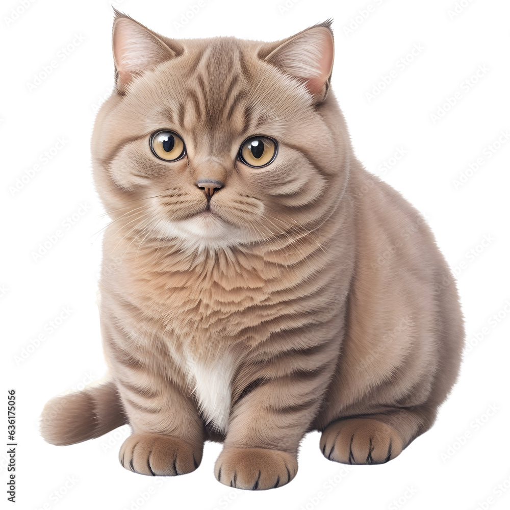 Brown British shorthair cat cutout,sitting,front view. Generative ai art.
Brown British shorthair cat cutout,sitting,front view. Generative ai art.
