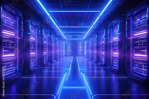 Data storage server warehouse room with neon light glowing trails, futuristic digital technology concept, data network and connection, internet for communication, with Generative Ai.