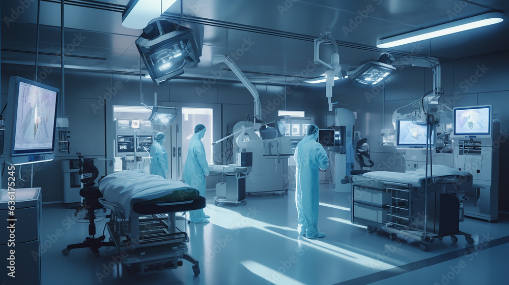 VR・AI・人工知能による最先端の医療施設で働く医者・手術室（Generative AI）
