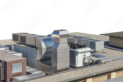 hvac ventilation system on a roof in front of a white background, chiller and cooler next to a monobloc