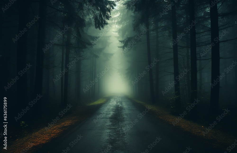 fog on the road in a foggy woods