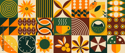 Bauhaus pattern with autumn. Mosaic style. Simple geometric shapes. Textile background with autumn rain, vegetables, fruits, flowers, tea