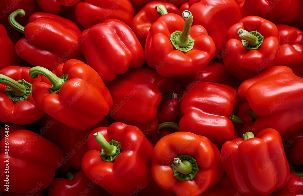 Red peppers on counter in the supermarket Red peppers on counter in the supermarket