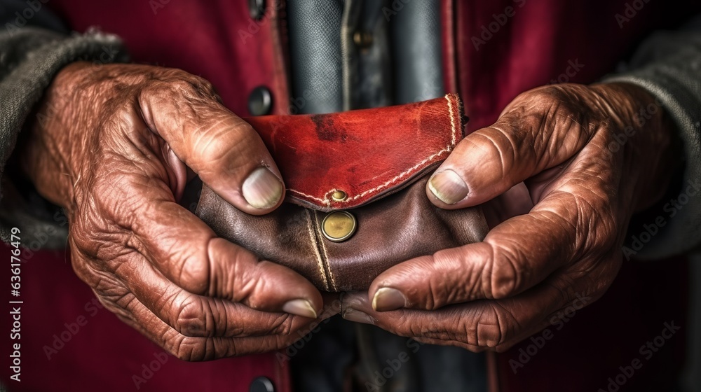 open leather wallet in elderly hands
