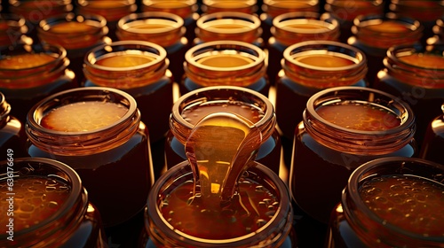 Bigger and smaller jars filled with fresh honey wooden