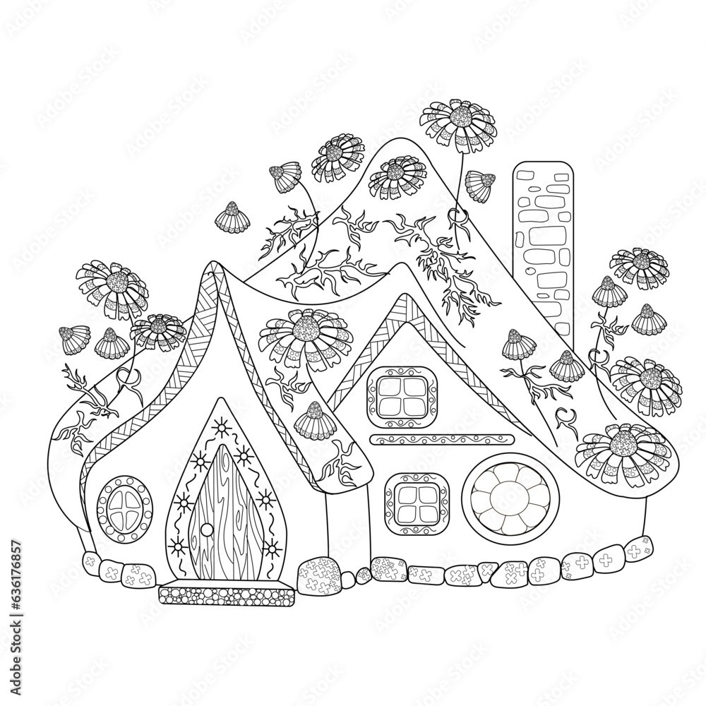 Art therapy coloring page. Colouring pictures with Cute Village House. Coloring books make you feel better. Coloring drawings is an effective art therapy practice
