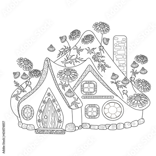Art therapy coloring page. Colouring pictures with Cute Village House. Coloring books make you feel better. Coloring drawings is an effective art therapy practice
