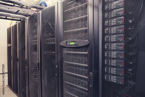 In the server room, the UPS battery is connected to an emergency power supply system.