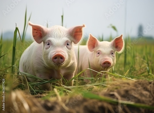 beautiful pigs on a green meadow