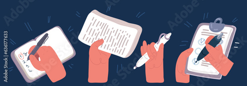 Cartoon vector illustration of Hands hold contract pen, signature, clipboard and checkbox, planner and aims inside.