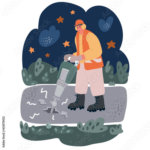 Cartoon vector illustration of workman using pneumatic drill in the night.