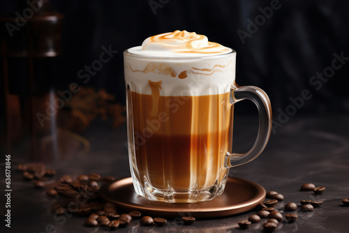 Glass cup of fresh coffee with cream, black background