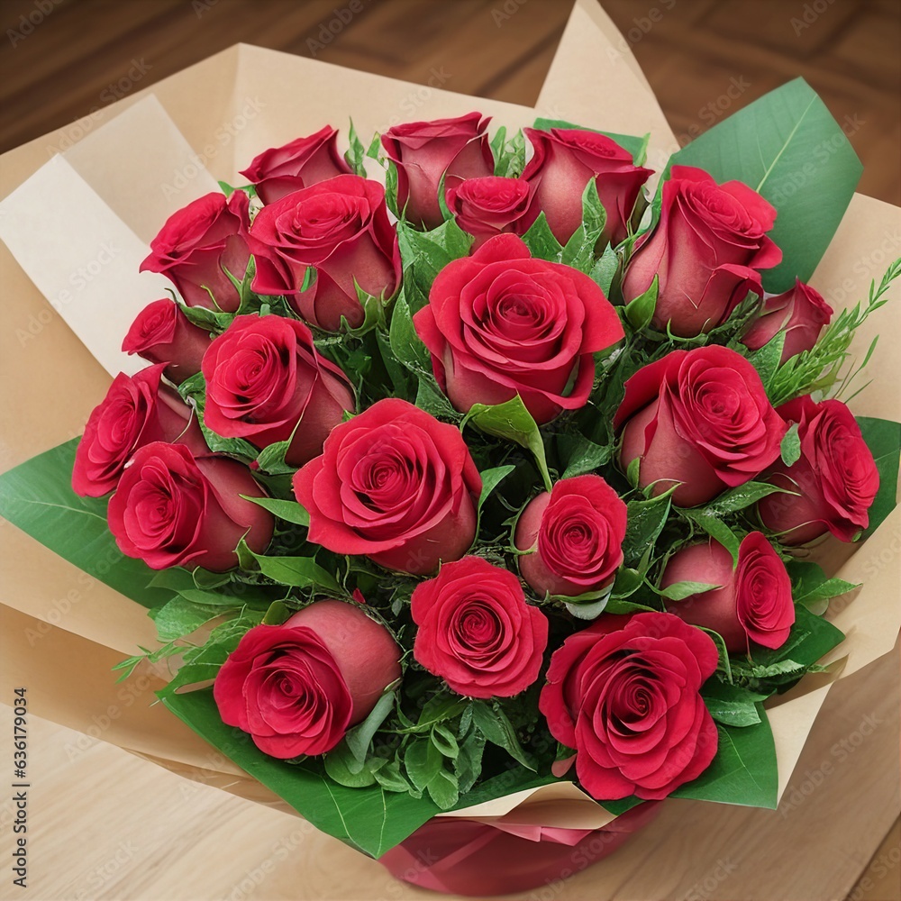 Fresh red roses in the decorative bouquet. Gifting Flowers and background. Generative AI
Fresh red roses in the decorative bouquet. Gifting Flowers and background. Generative AI