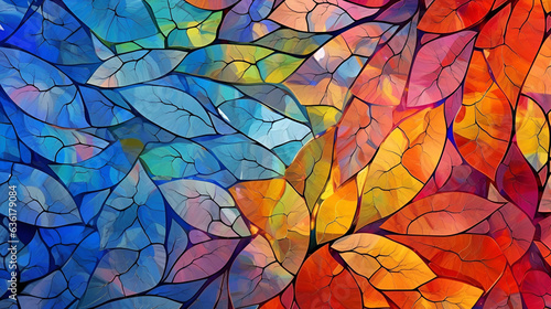 Colorful mosaic pattern of leaves on stained glass