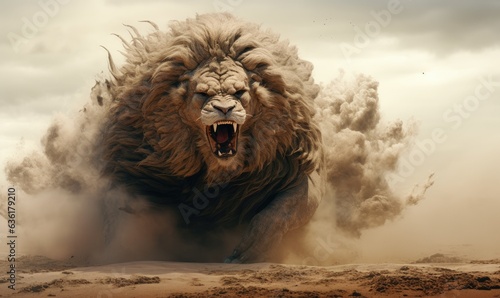 Monstrous sandstorm in the shape of a giant angry lion