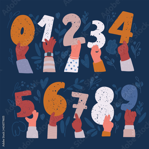 Cartoon vector illustration of Hands with fingers.Icon set for counting education. Numbers set hold in hands. Votes of judges. 1,2,3,4,5,6,7,8,9,0. One, two, three, four, five, six, seven, eight, nine