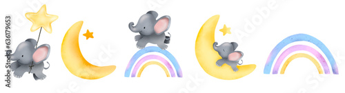 Cute little elephant set, elephant on a star, rainbow, on a half moon, vector,  watercolor. Colorful postcard, invitation on transparent background © maria