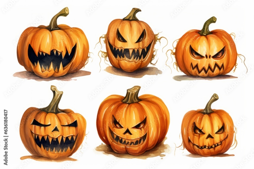 Pack or set of a lot of Halloween Pumpkin Head. Watercolor style Pack or set of a lot of Halloween Pumpkin Head. Watercolor style