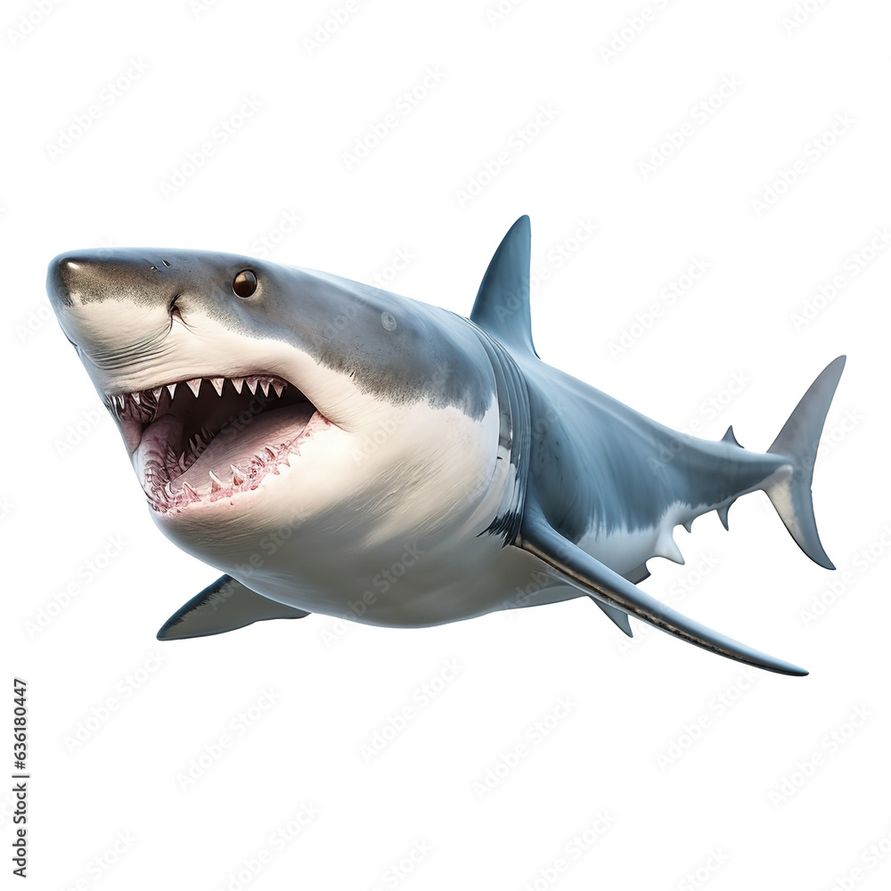 Fototapeta premium White shark marine predator big open mouth on transparent background Generative AI