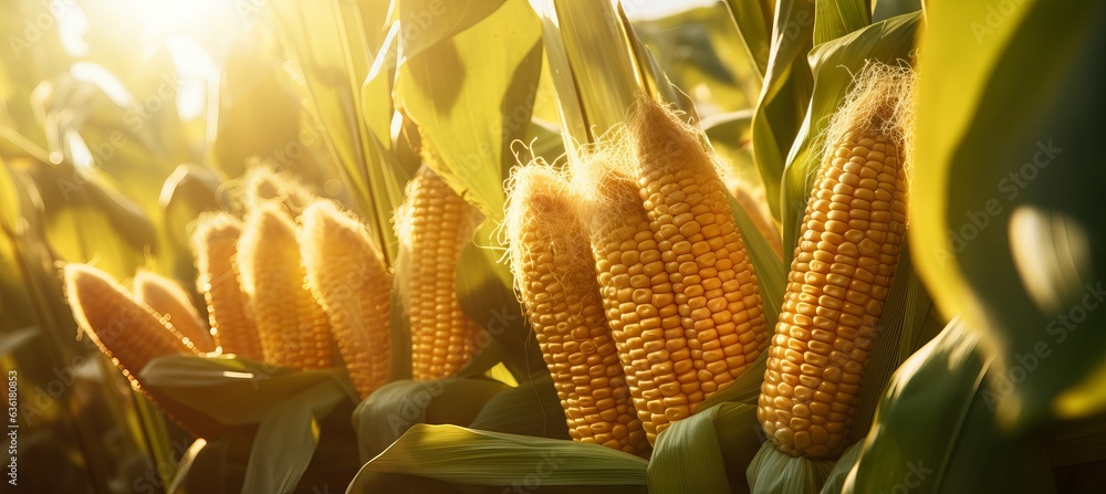 Corn cobs in corn plantation field. - obrazy, fototapety, plakaty 