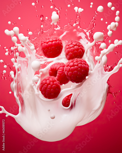 Delicious Raspberries splashing or mixing with milk or yogurt. Concept of breakfast, desserts or healthy dieting. Isolated on red studio background.