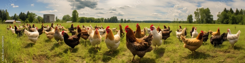 Fototapeta premium farm photo of chicken walking on the grass