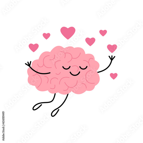 Brain fall in love, fly with hearts, cute character. Romantic state, imagination, relax. Love yourself. Vector photo