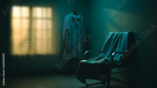 a somber setting in a hospital room, with an empty chair and a patient's hospital gown hanging on a wall hook photo