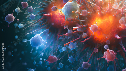  a microscopic view of immune cells interacting with specific antigens, revealing a myriad of colorful molecular pathways and cellular responses