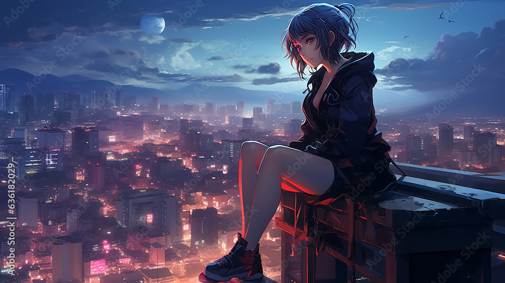 girl sitting on a ledge, cyberpunk