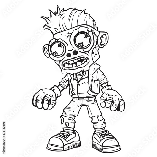Techno Zombie man is standing character, line art vector illustration, cartoon style, coloring page