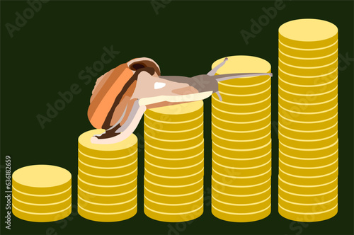 Vector graphic of snail climbing on pile of golden coins isolated on green background, Victory and success from patience , Slow economic growth , Development financial and commit business concept