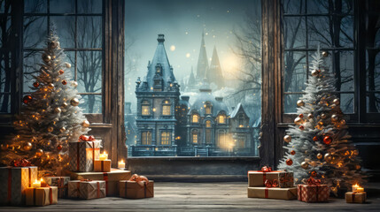Christmas scene with tree and decorations, lights, balls, gifts in living room and window in center