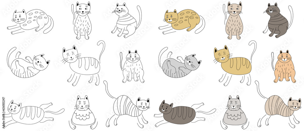 Doodle set of cute cartoon cats isolated on white. Hand drawn illustration for kids collection.