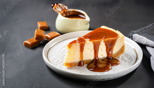 Cheesecake with caramel sauce on black background. Tasty homemade caramel cheesecake photo