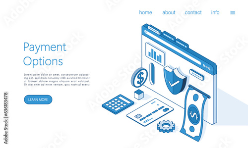 Landing page template payment options of credit card and coin concept illustration. Isometric vector.