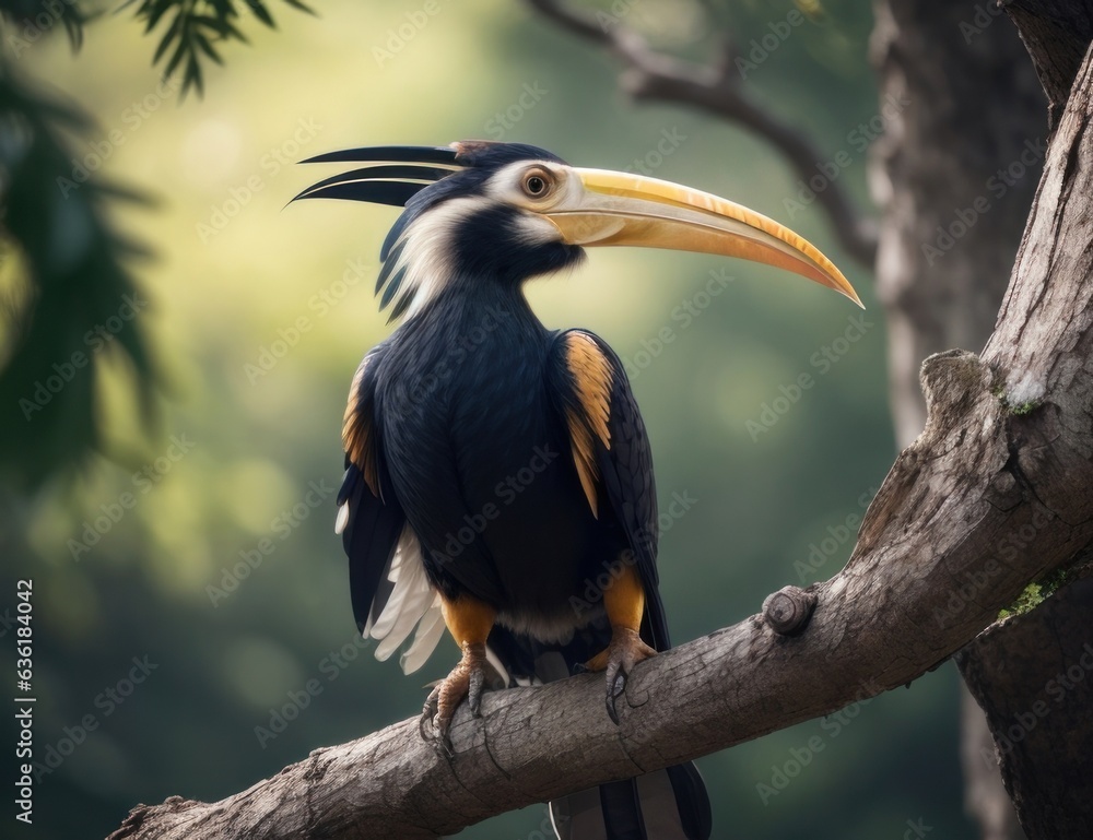 Illustration of a hornbill perched on a branch.generative AI Illustration of a hornbill perched on a branch.generative AI