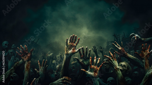 Halloween Banner Horror Background A Creepy Concept of a Crowd of Zombies Reaching for the Sky AI Generative photo