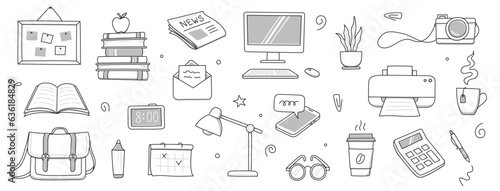 Office work doodle set. Office computer, work desk, notebook doodle icon. Hand drawn sketch style illustration. Business, school education hand drawn elements. Vector illustration.
