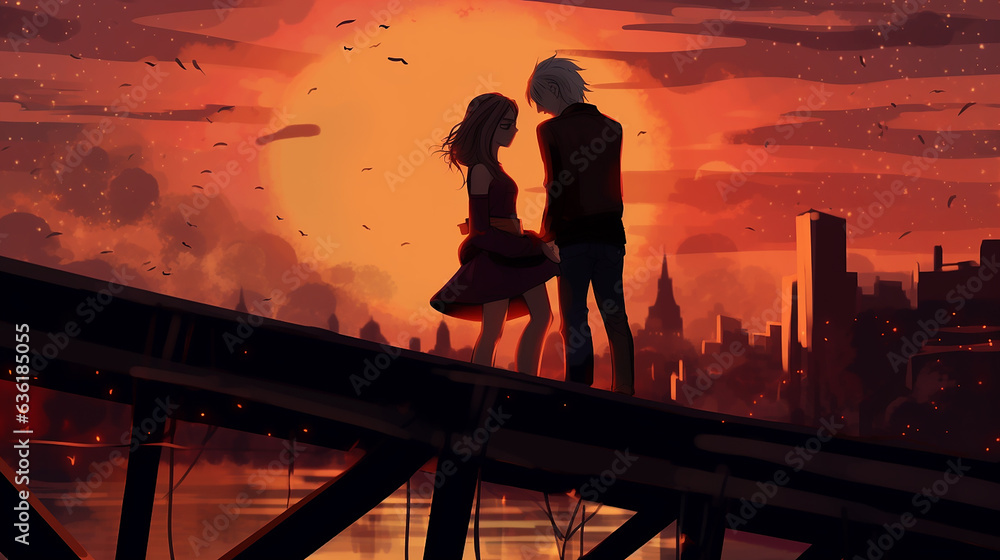 Fototapeta premium the guy with the girl on the bridge at sunset