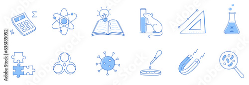 Laboratory doodle icon set. Hand drawn sketch line doodle style scientific education, chemistry laboratory, medicine experiment icon. Microscope, atom, magnet outline element. Vector illustration.