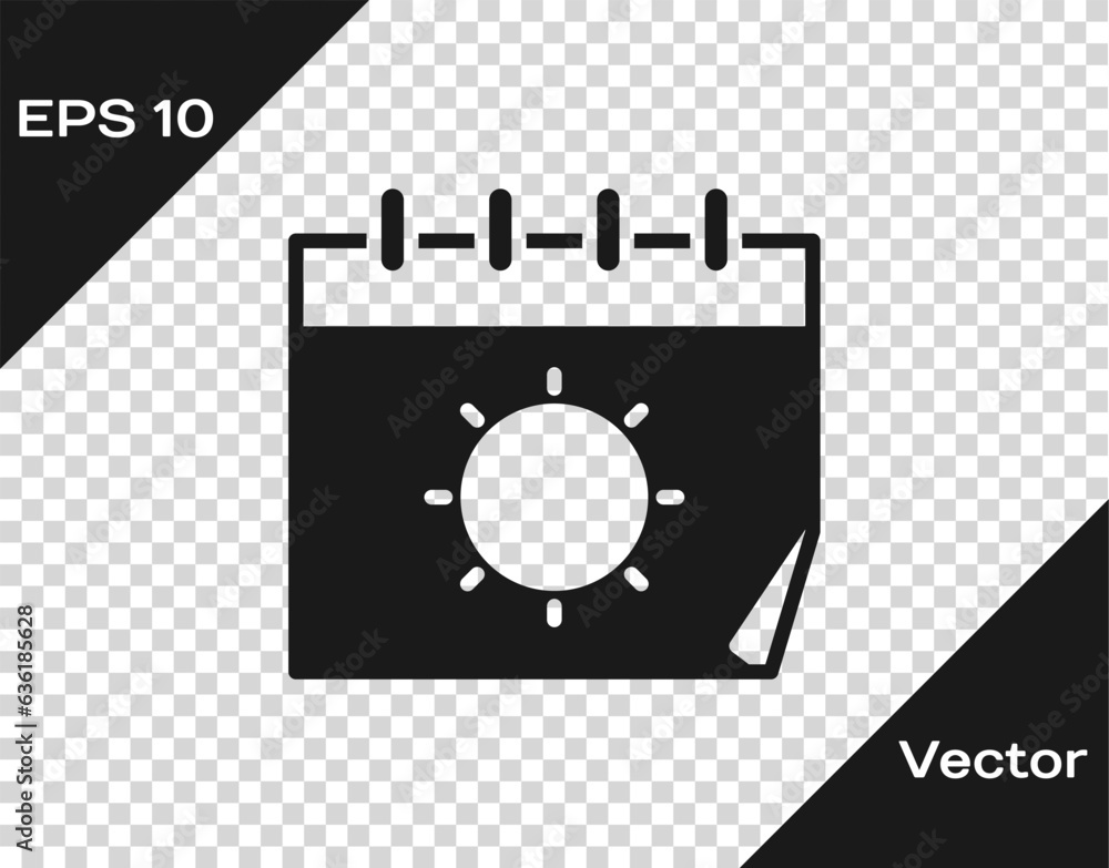 Black Calendar and sun icon isolated on transparent background. Event reminder symbol. Vector Illustration Black Calendar and sun icon isolated on transparent background. Event reminder symbol. Vector Illustration