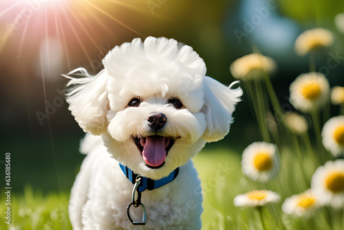 bichon frise smile and happy in summer sunny day.Genrative AI 