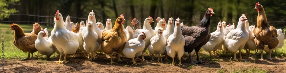 Fototapeta premium farm photo of chicken walking on the grass