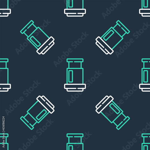 Line Aeropress coffee method icon isolated seamless pattern on black background. Device for brewing coffee. Vector