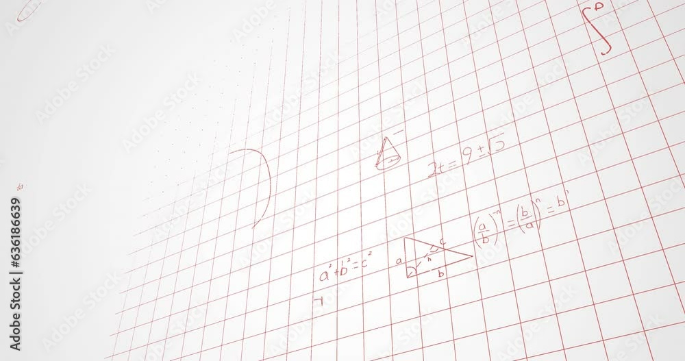 Animation of mathematical equations, diagrams and formulas against sqaured lined white background Animation of mathematical equations, diagrams and formulas against sqaured lined white background
