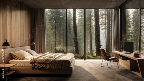 Interior of a modern bedroom with panoramic windows overlooking the forest.