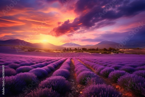 Beautiful sunset over lavender field in Provence, France, Beautiful lavender field landscape view at sunset time, AI Generated